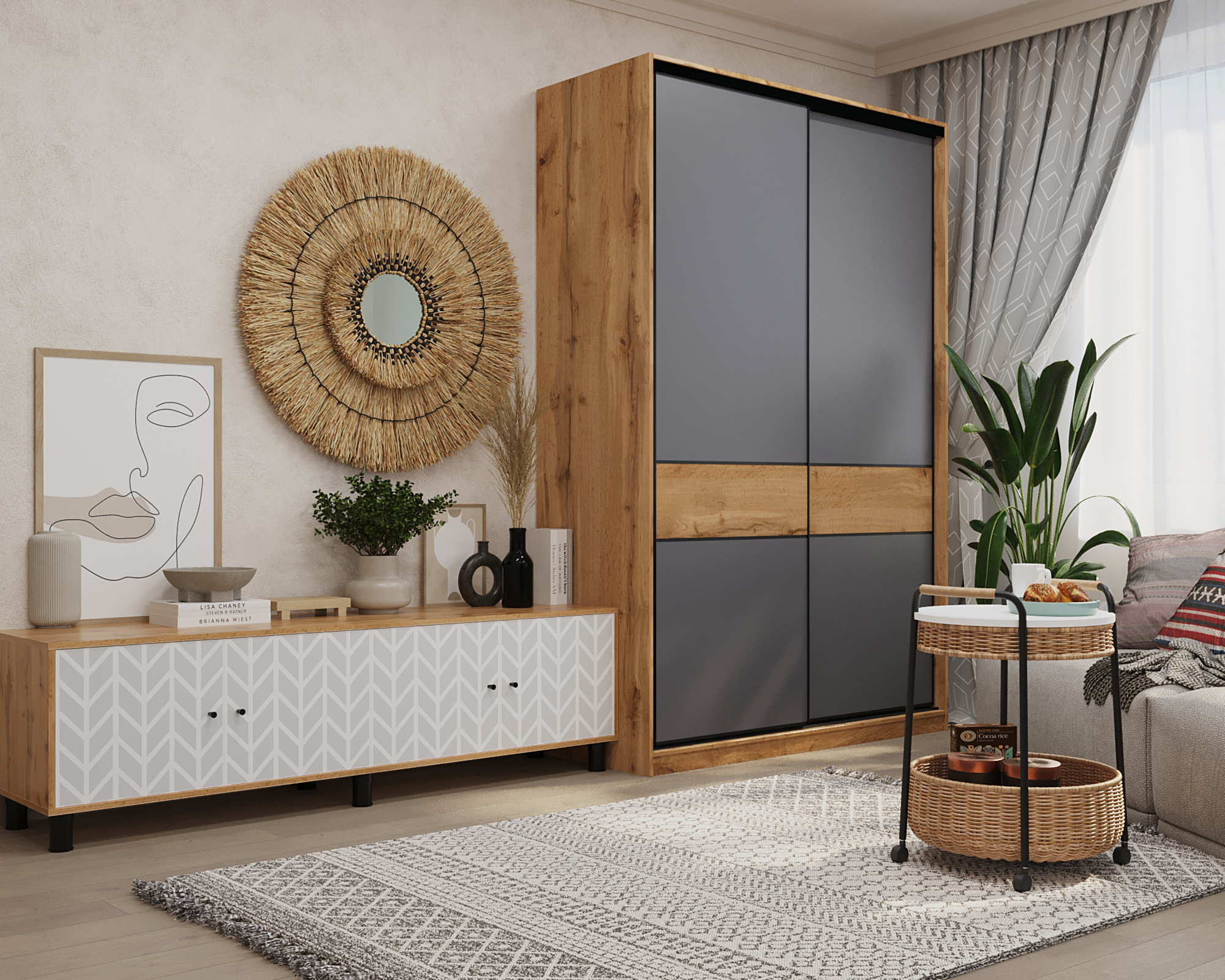 Шкаф-купе СЛИМ,150*60, Дуб вотан, Темно-серый