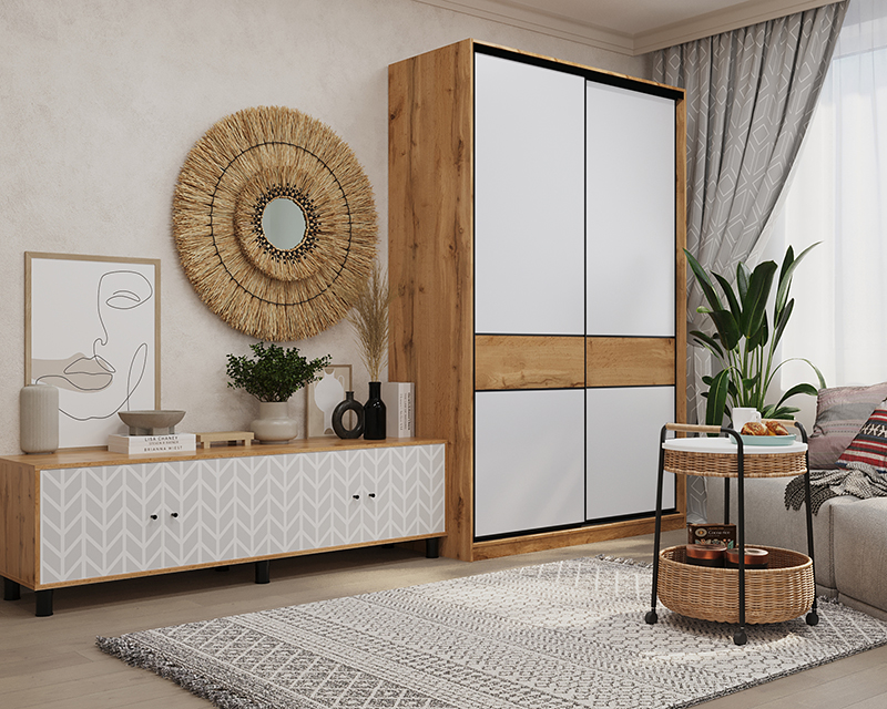 Шкаф-купе SLIM,125*60, Дуб вотан, Белый шёлк
