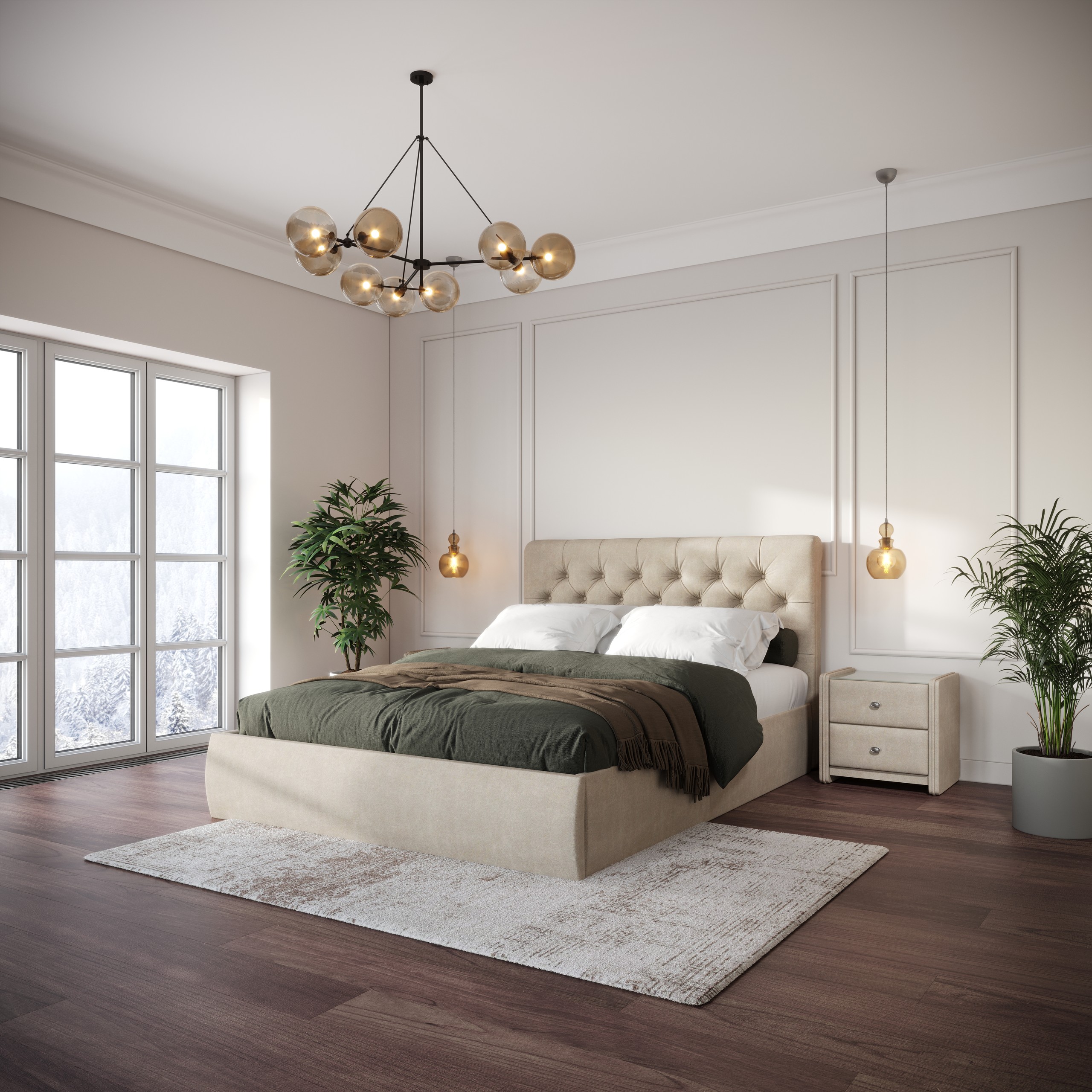 Кровать Беатриче 140×200 с подъёмным механизмом, Ultra песочный, декор: пуговицы