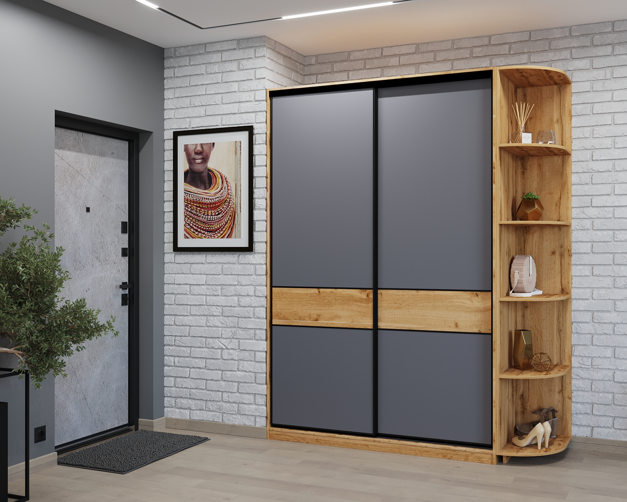 Шкаф-купе СЛИМ,150*60, Дуб вотан, Темно-серый